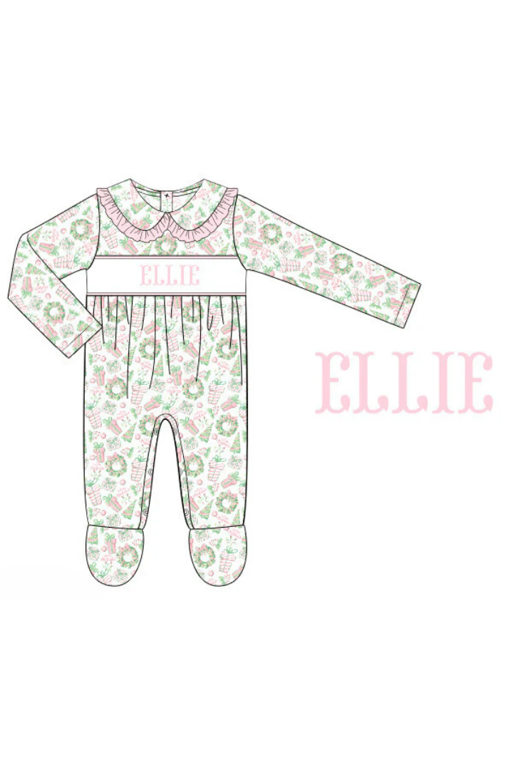 Pre-Order Hand Smocked Custom Name Deck the Halls Pink Footed Romper