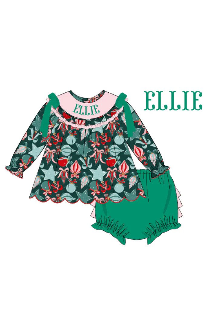 Pre-Order Hand Smocked Custom Name Festive Ornaments Bloomer Set