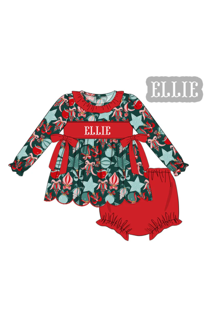 Pre-Order Hand Smocked Custom Name Festive Ornaments Bow Bloomer Set