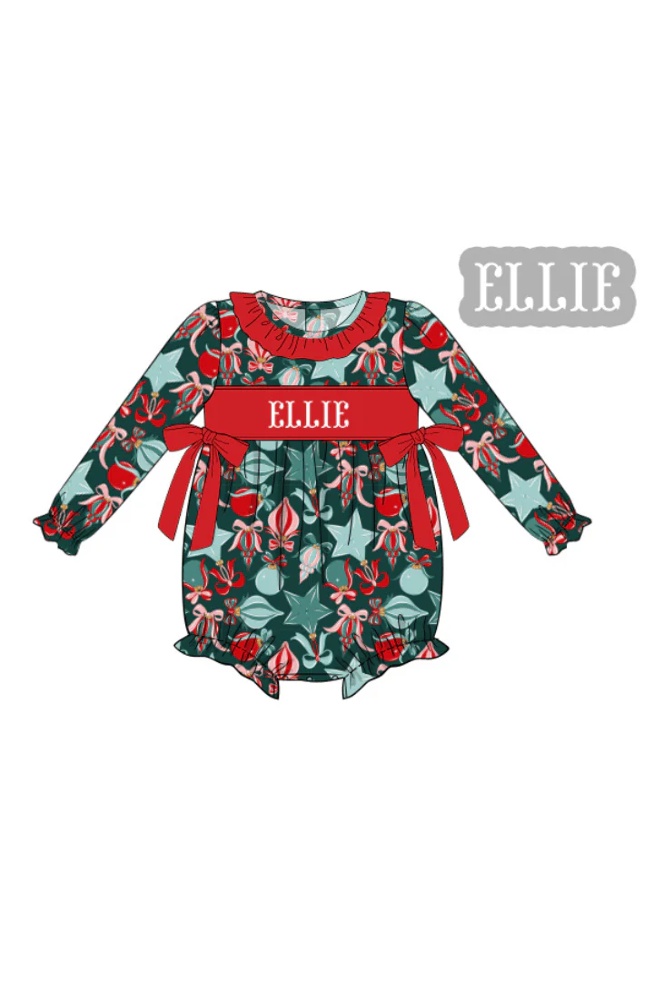 Pre-Order Hand Smocked Custom Name Festive Ornaments Bow Bubble