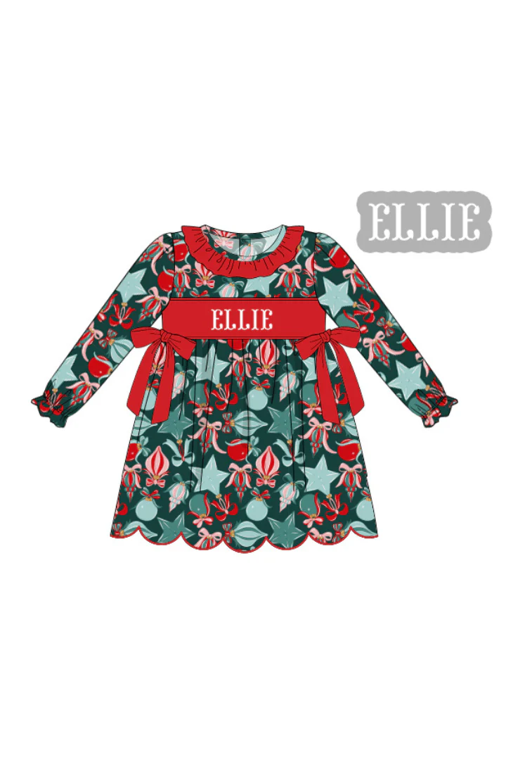 Pre-Order Hand Smocked Custom Name Festive Ornaments Bow Dress