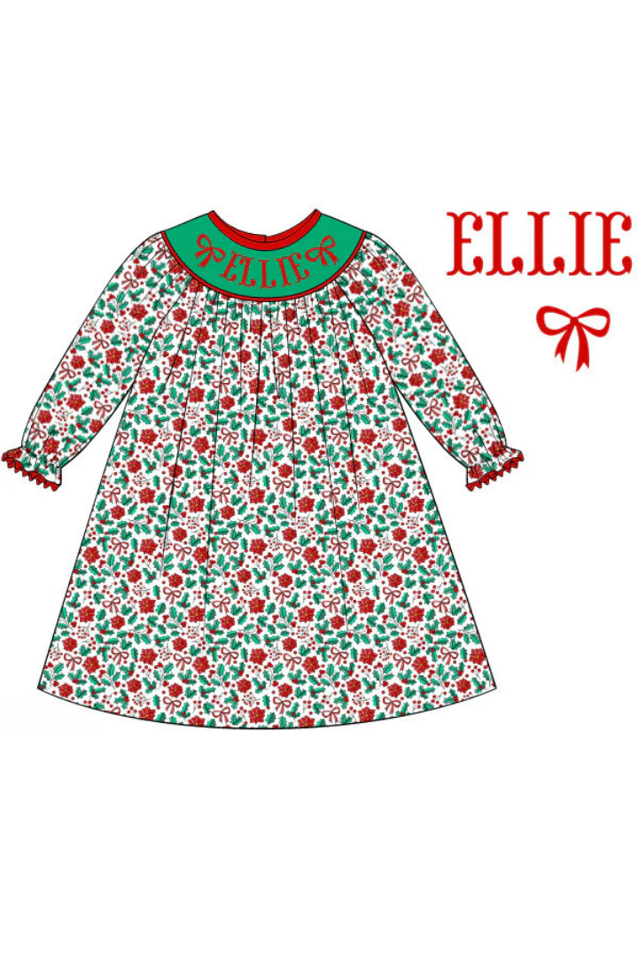 Pre-Order Hand Smocked Custom Name Floral Holly Bishop Dress