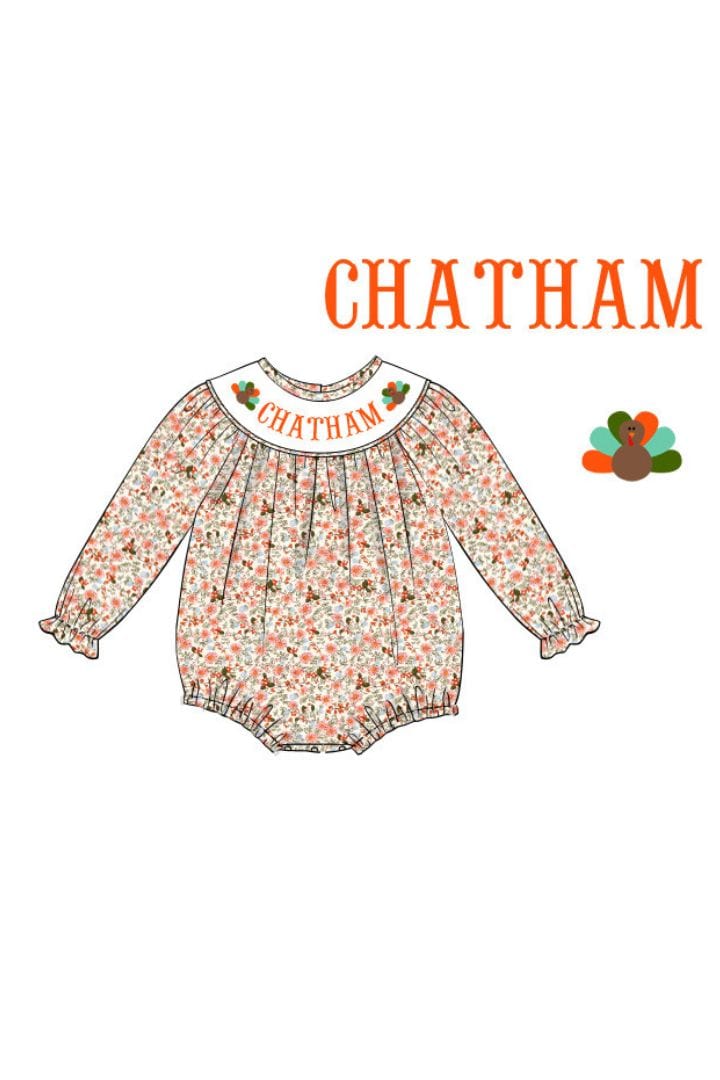 Pre-Order Hand Smocked Custom Name Floral Turkey Bubble
