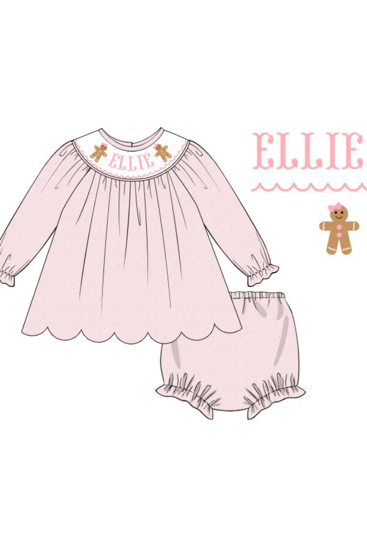 Pre-Order Hand Smocked Custom Name Gingerbread Pink Swiss Dot Bloomer Set