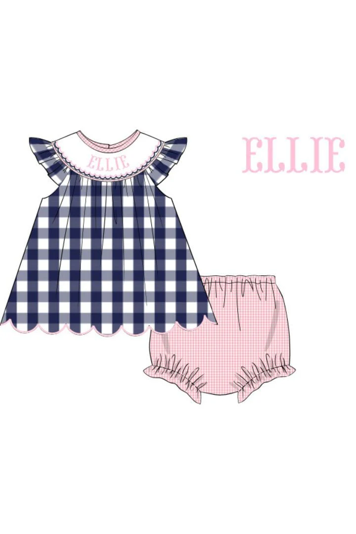 Pre-Order Hand Smocked Custom Name Navy Gingham  Bloomer Set