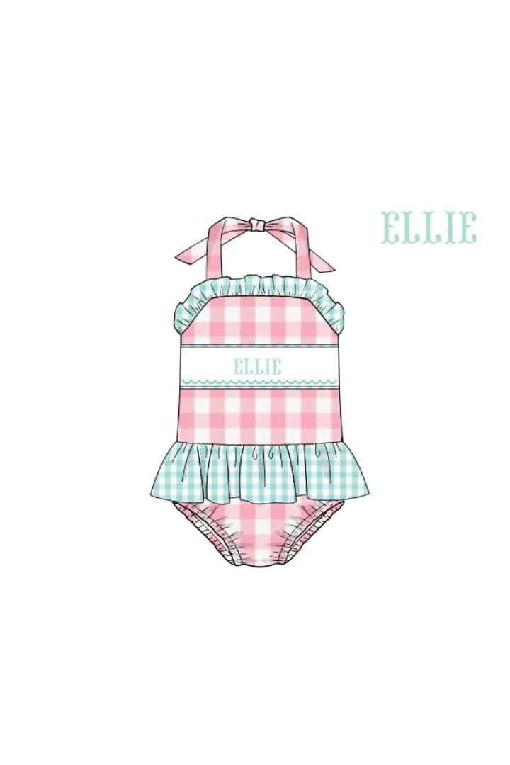 Pre-Order Hand Smocked Custom Name Gingham Swimsuit