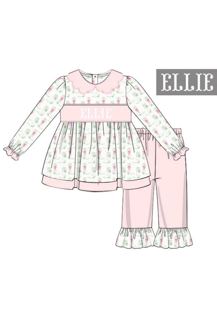 Pre-Order Hand Smocked Custom Name Holiday Boots Pant Set