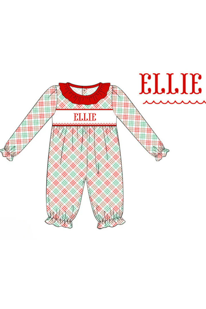 Pre-Order Hand Smocked Custom Name Holiday Plaid Ruffle Romper