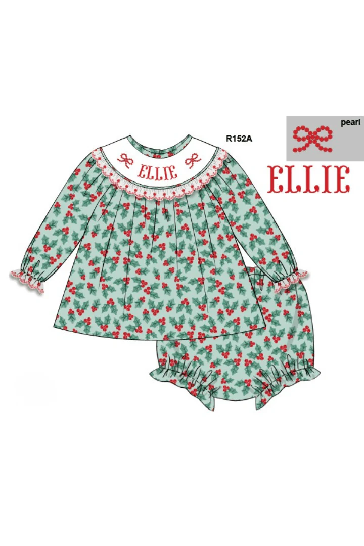 Pre-Order Hand Smocked Custom Name Holly Honeycomb Bloomer Set