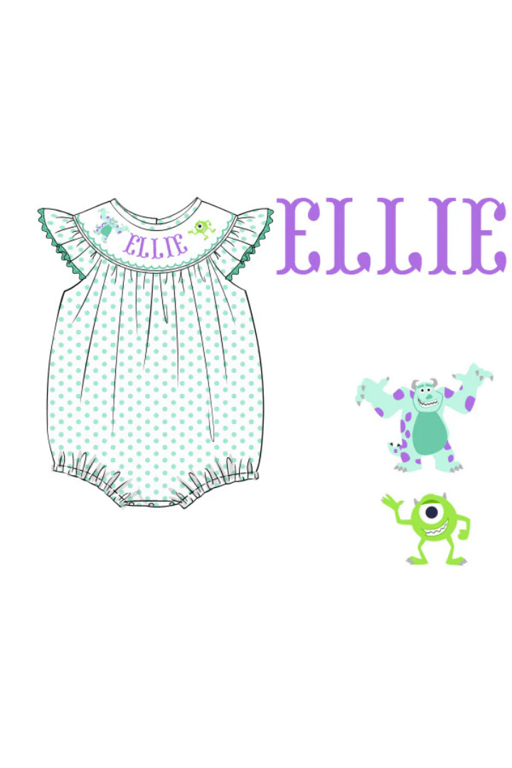 Pre-Order Hand Smocked Custom Name Monsters Mint Bubble
