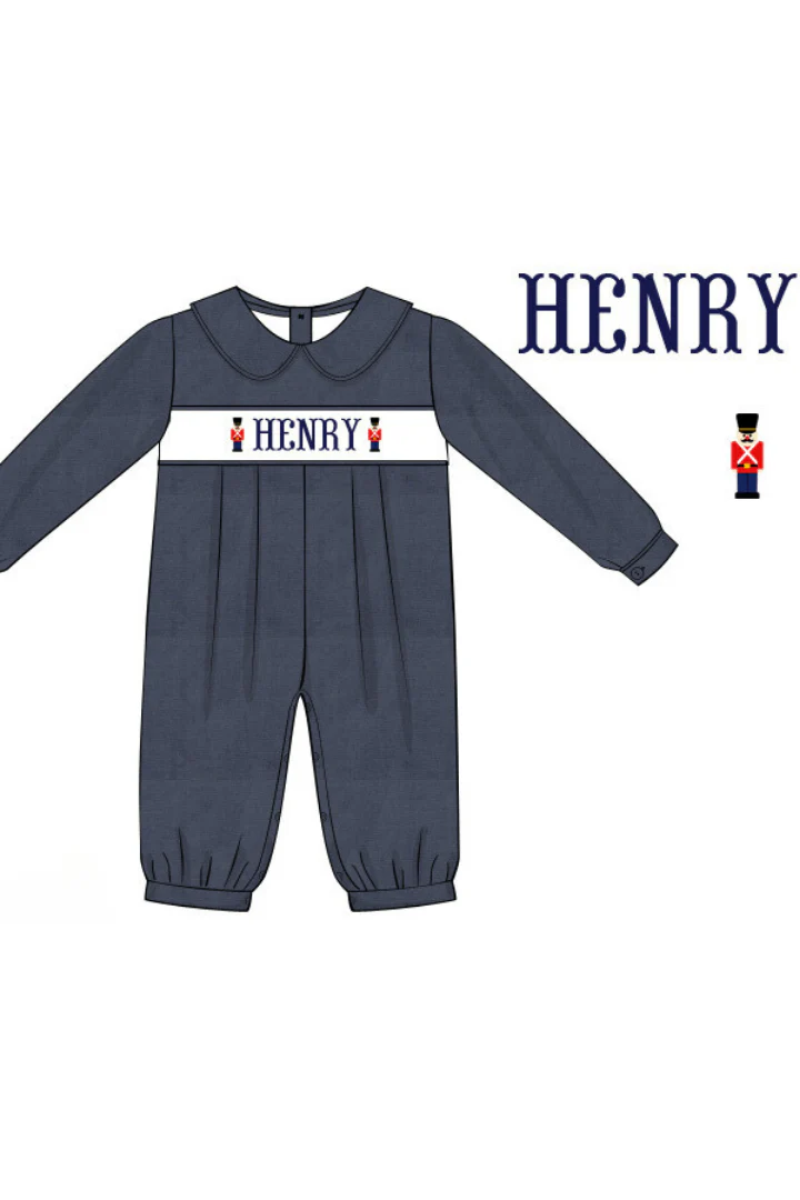 Pre-Order Hand Smocked Custom Name Navy Corduroy Nutcracker Romper