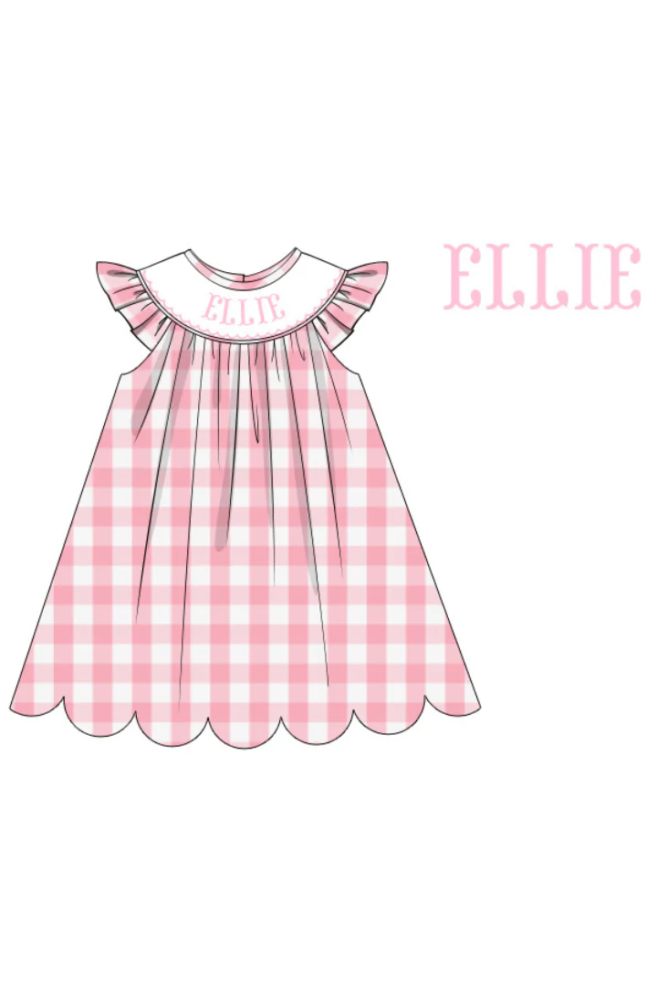 Pre-Order Hand Smocked Custom Name Pink and White Gingham Dress