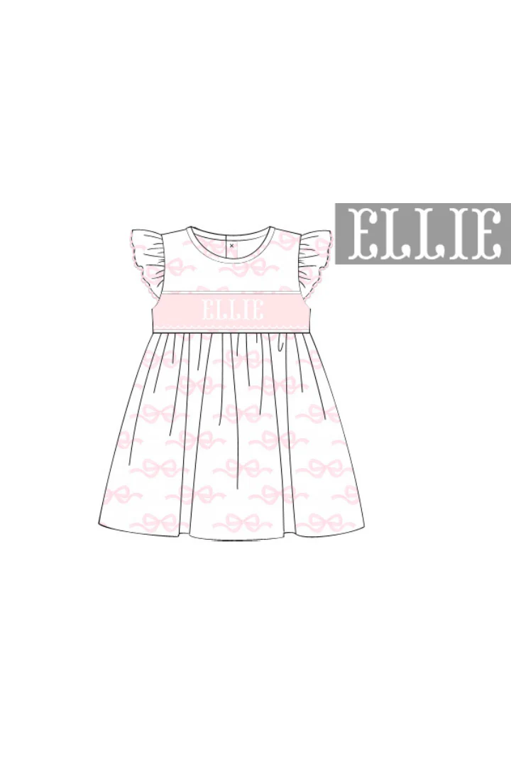 Pre-Order Hand Smocked Custom Name Pink Bow Knit Dress