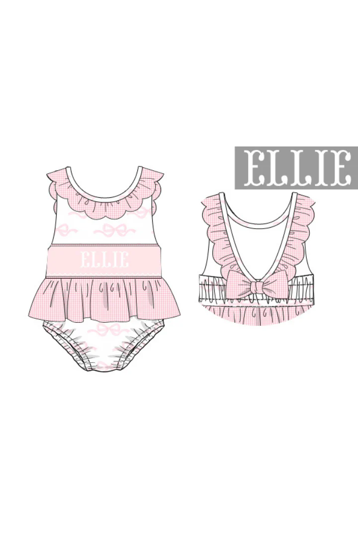 Pre-Order Hand Smocked Custom Name Pink Bow Swimsuit