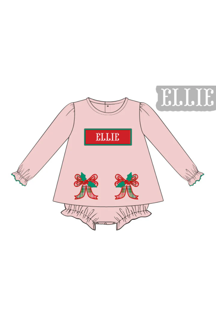 Pre-Order Hand Smocked Custom Name Pink Corduroy Christmas Bow Skirted Bubble