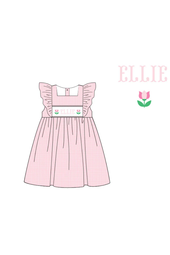 Pre-Order Hand Smocked Custom Name Pink Gingham Tulip Dress