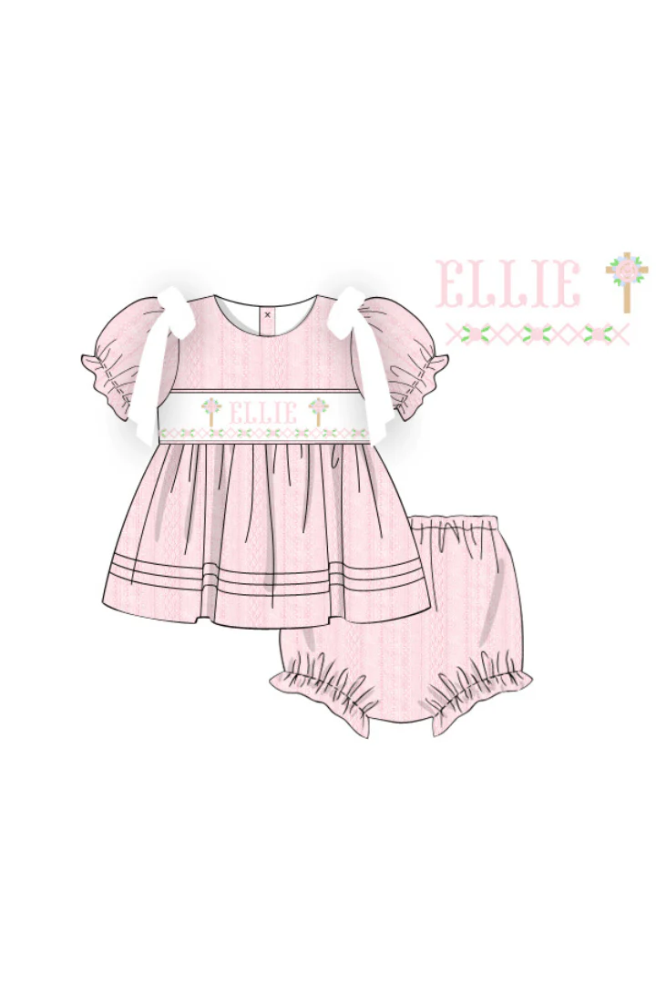 Pre-Order Hand Smocked Custom Name Pink Linen Cross Bloomer Set