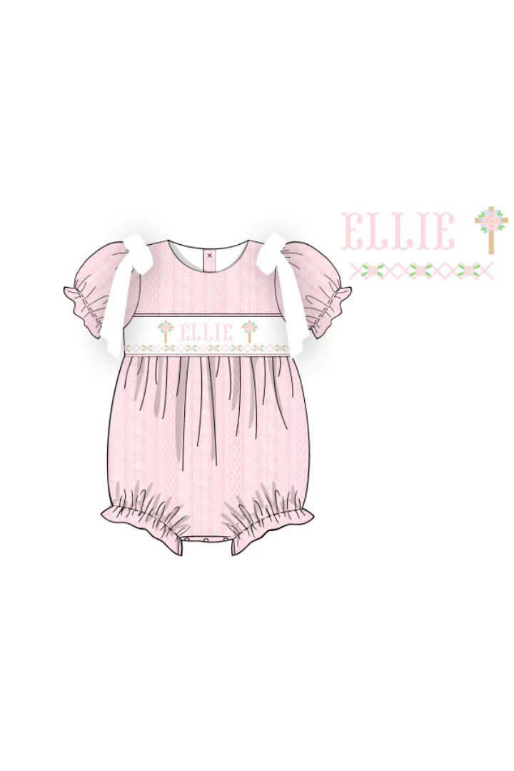 Pre-Order Hand Smocked Custom Name Pink Linen Cross Bubble