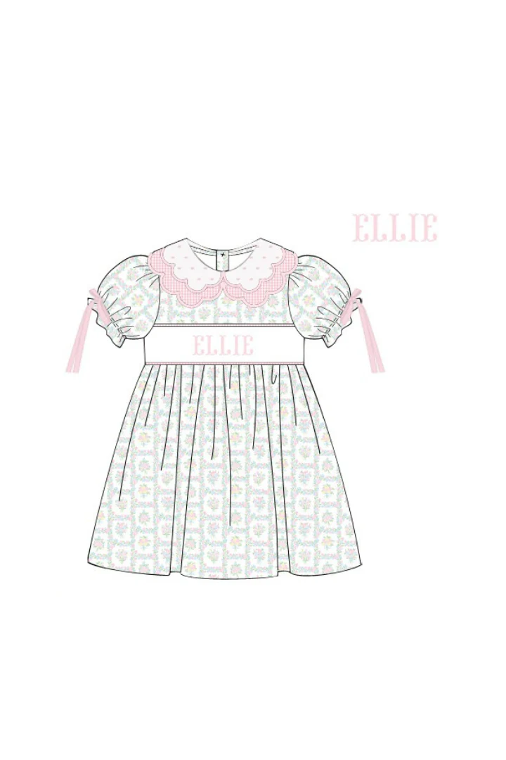 Pre-Order Hand Smocked Custom Name Pink Patchwork Floral Dress