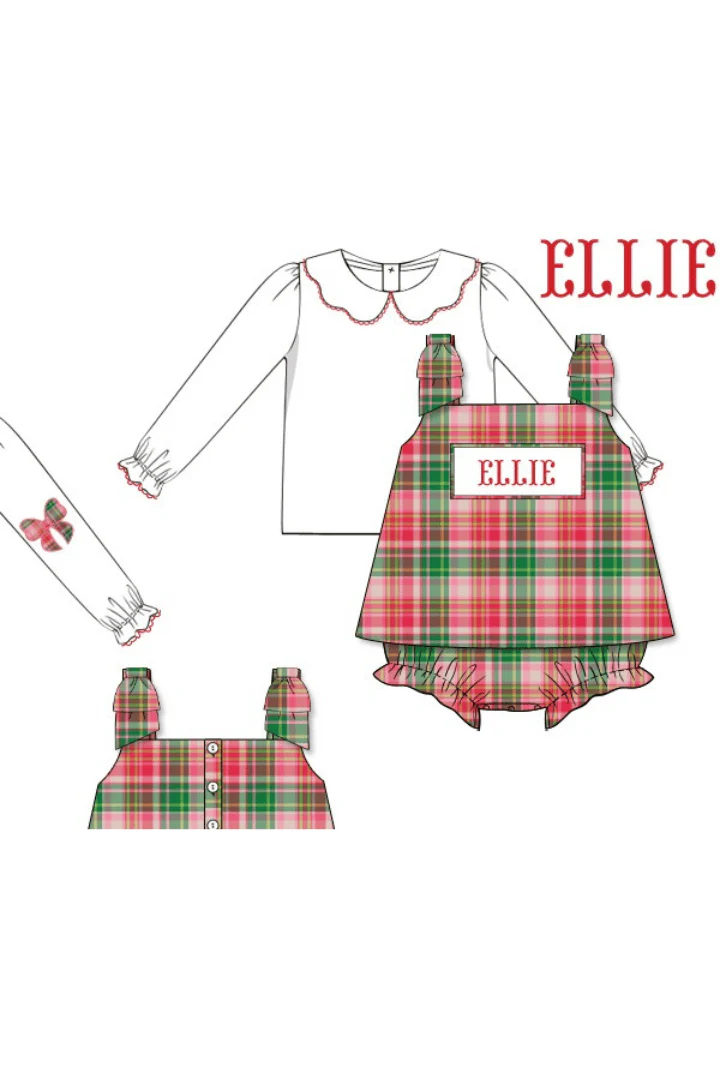 Pre-Order Hand Smocked Custom Name Pink Plaid Corduroy 2Pc Skirted Bubble
