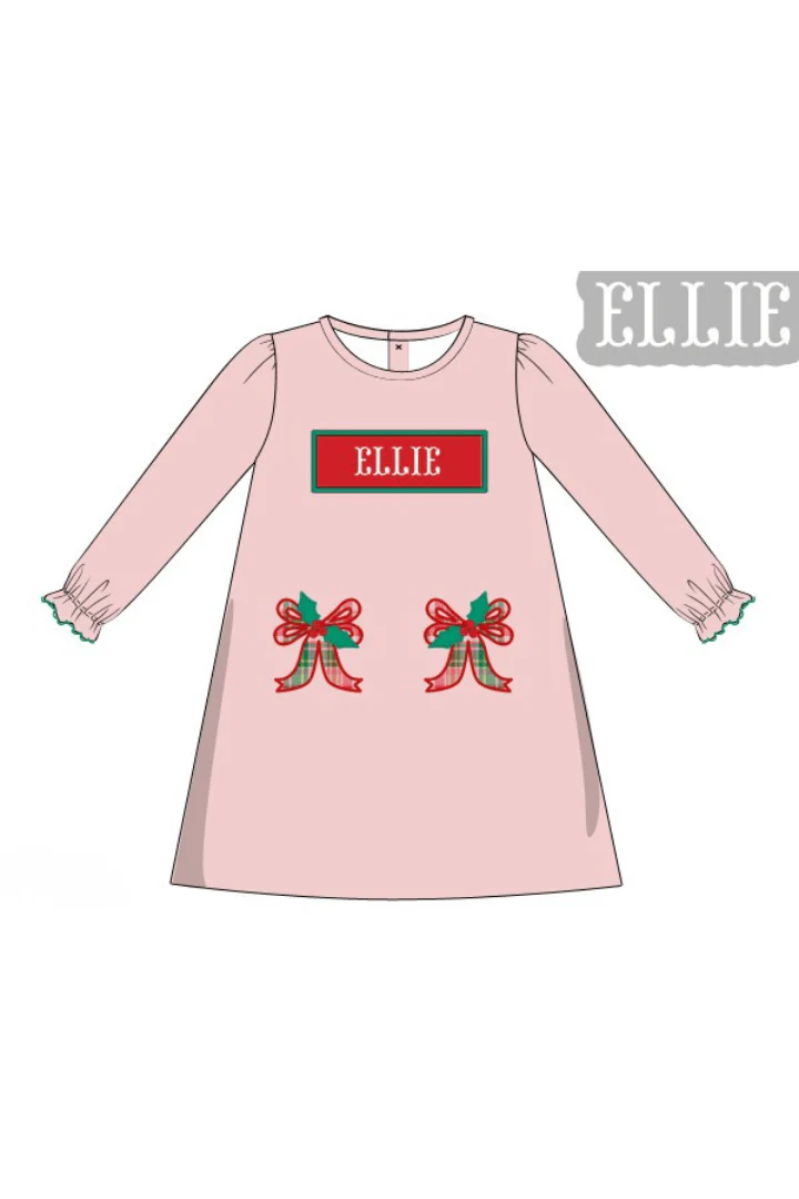 Pre-Order Hand Smocked Custom Name Pink Corduroy Christmas Bow Dress