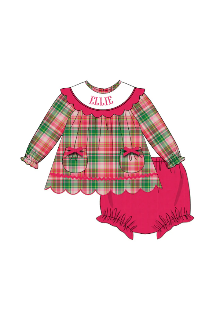Pre-Order Hand Smocked Custom Name Pink Plaid Corduroy Bloomer Set