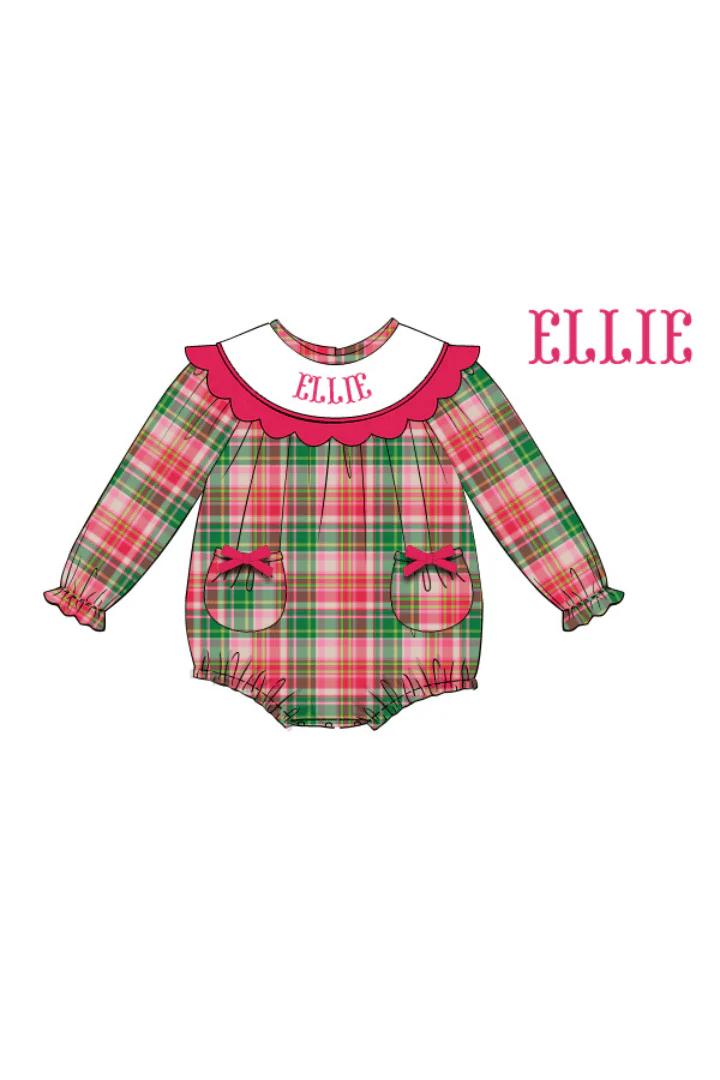 Pre-Order Hand Smocked Custom Name Pink Plaid Corduroy Bubble