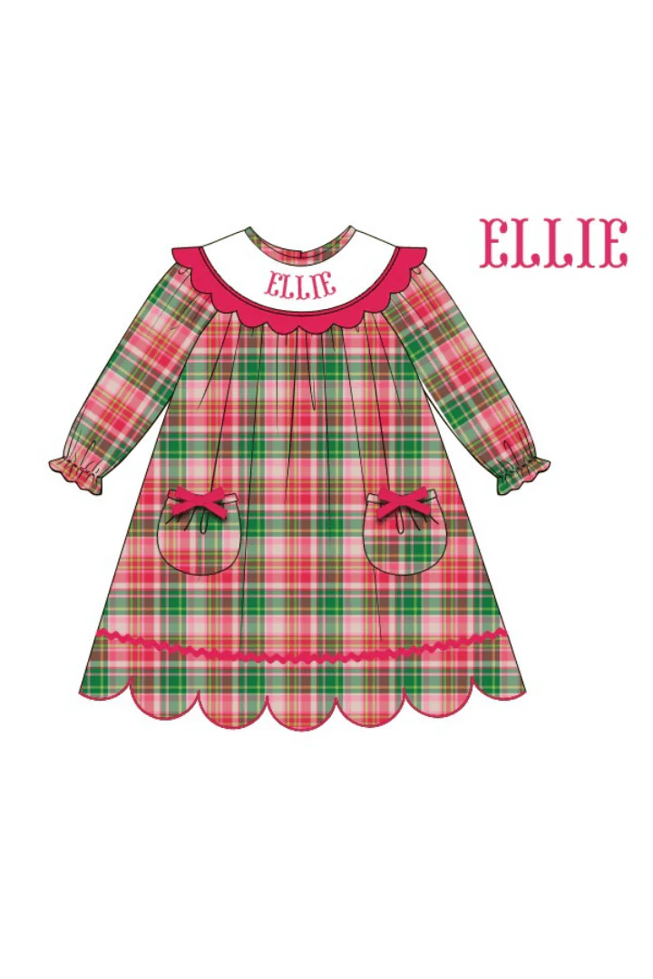 Pre-Order Hand Smocked Custom Name Pink Plaid Corduroy Dress
