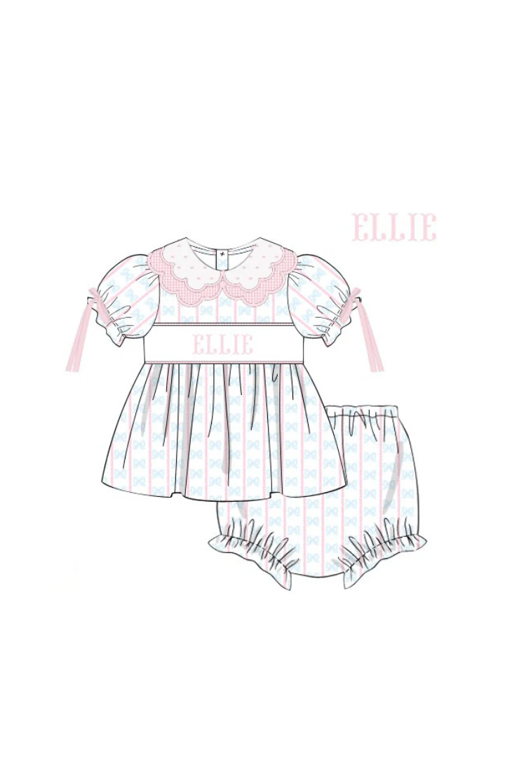 Pre-Order Hand Smocked Custom Name Sweet Scalloped Bow Bloomer Set