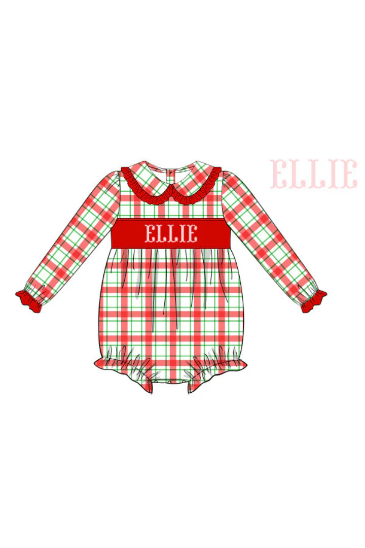 Pre-Order Hand Smocked Custom Name Red/Green Plaid Bubble