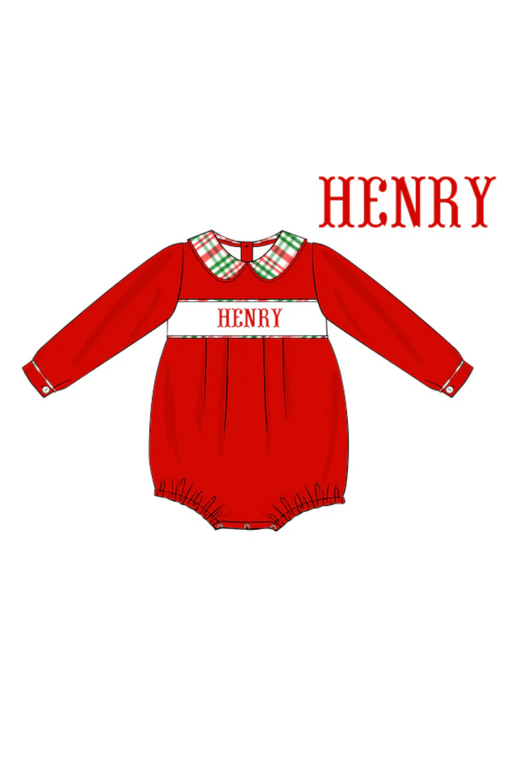 Pre-Order Hand Smocked Custom Name Red Knit Christmas Plaid Bubble
