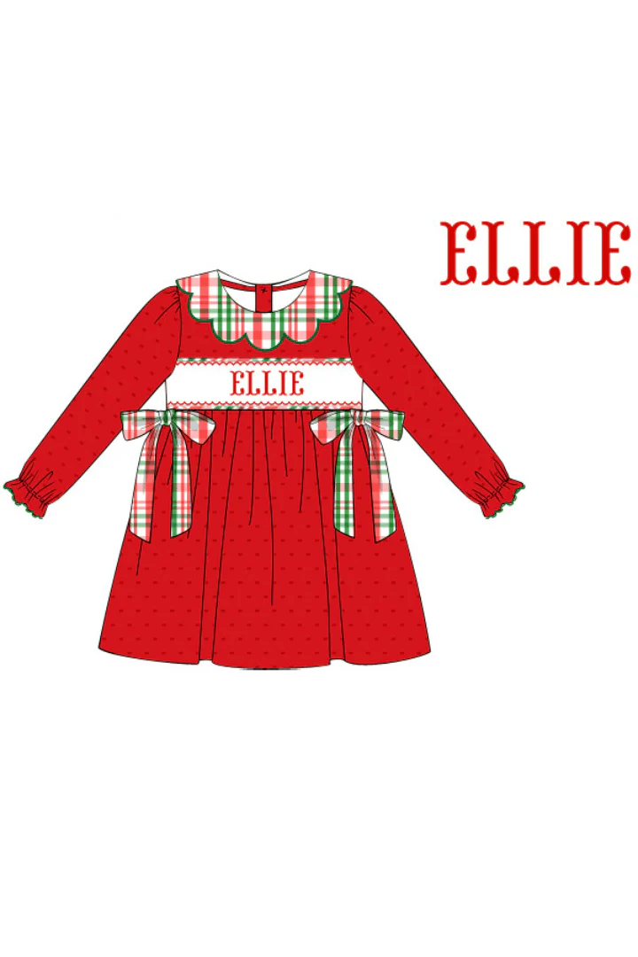 Pre-Order Hand Smocked Custom Name Red Knit Christmas Plaid Bow Dress