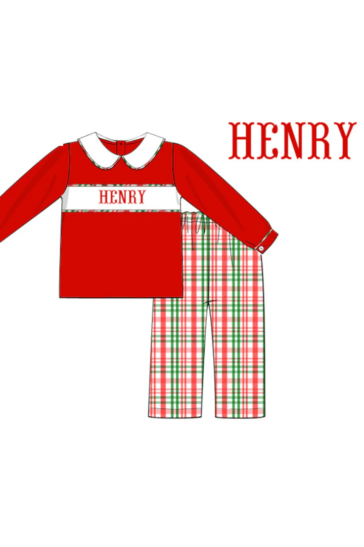Pre-Order Hand Smocked Custom Name Red Knit Christmas Plaid Pant Set
