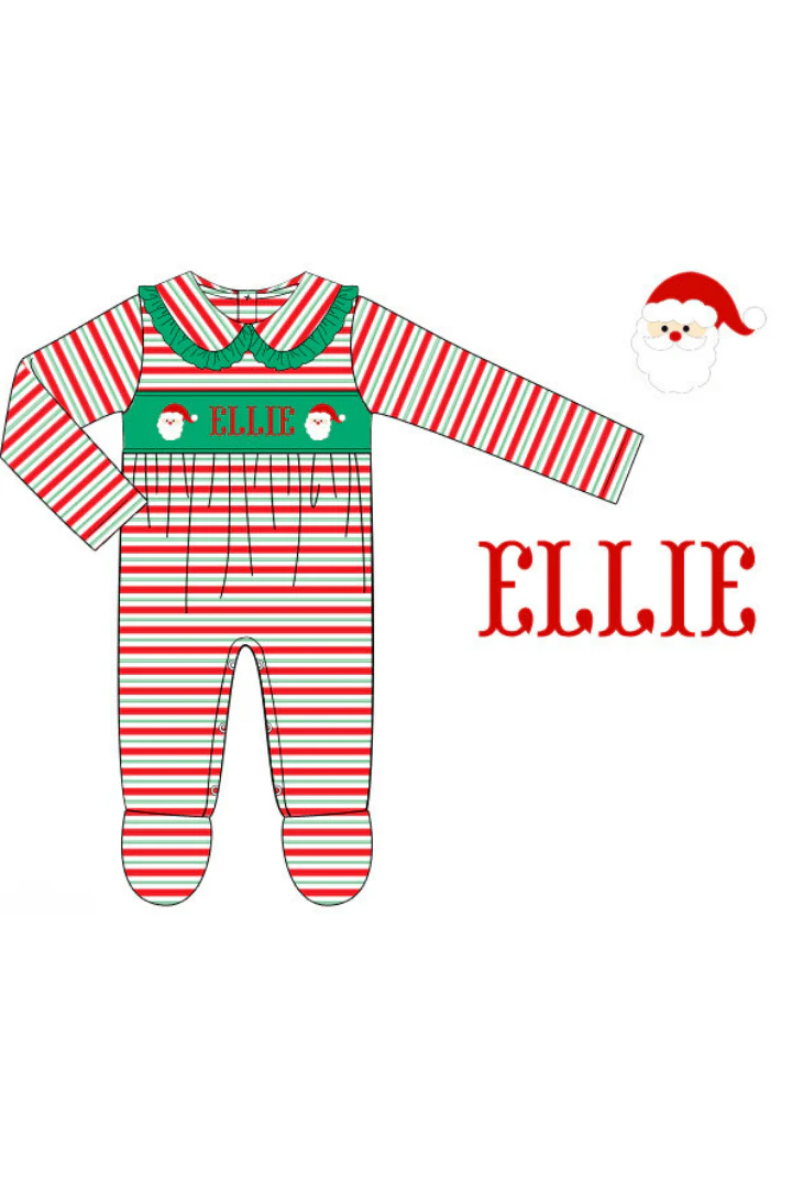Pre-Order Hand Smocked Custom Name Santa Stripe Footed Ruffle Romper