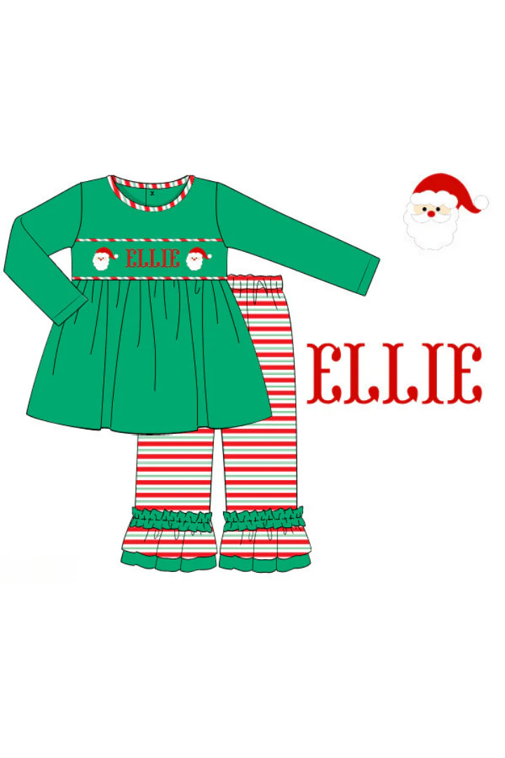 Pre-Order Hand Smocked Custom Name Santa Stripe Ruffle Pant Set