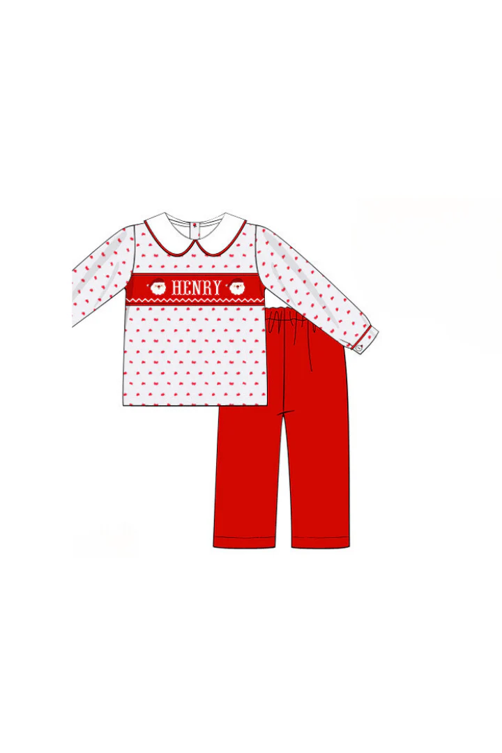 Pre-Order Hand Smocked Custom Name Santa Swiss Dot Pant Set