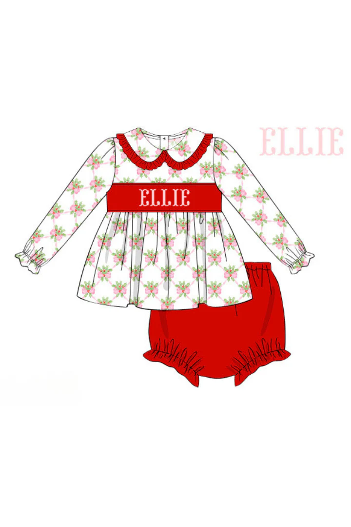 Pre-Order Hand Smocked Custom Name Sweet Holly Bloomer Set