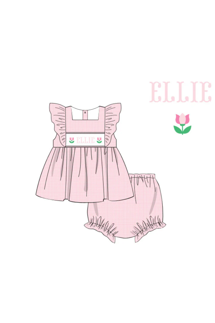 Pre-Order Hand Smocked Custom Name Sweet Pink Gingham Tulip Bloomer Set