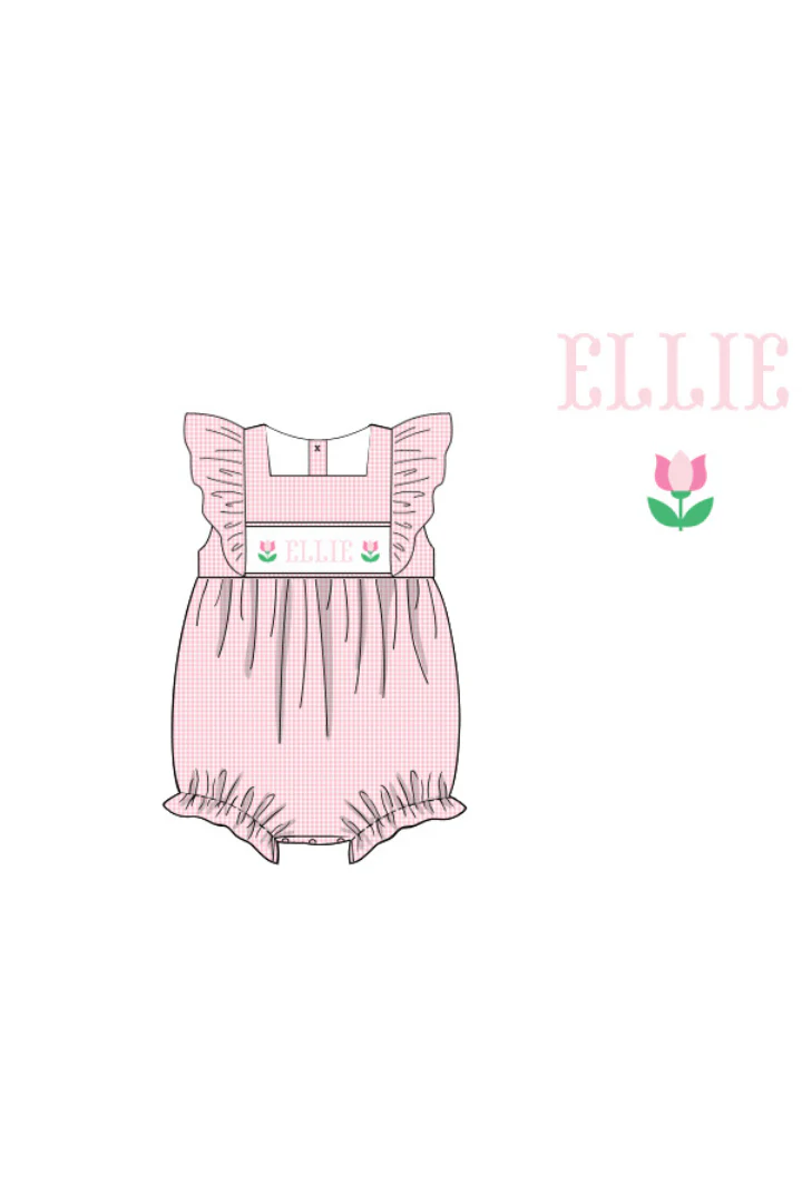Pre-Order Hand Smocked Custom Name Sweet Pink Gingham Tulip Bubble