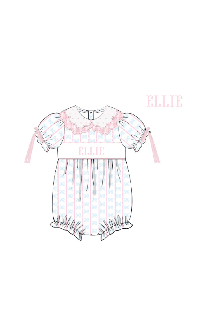 Pre-Order Hand Smocked Custom Name Sweet Scalloped Bow Bubble