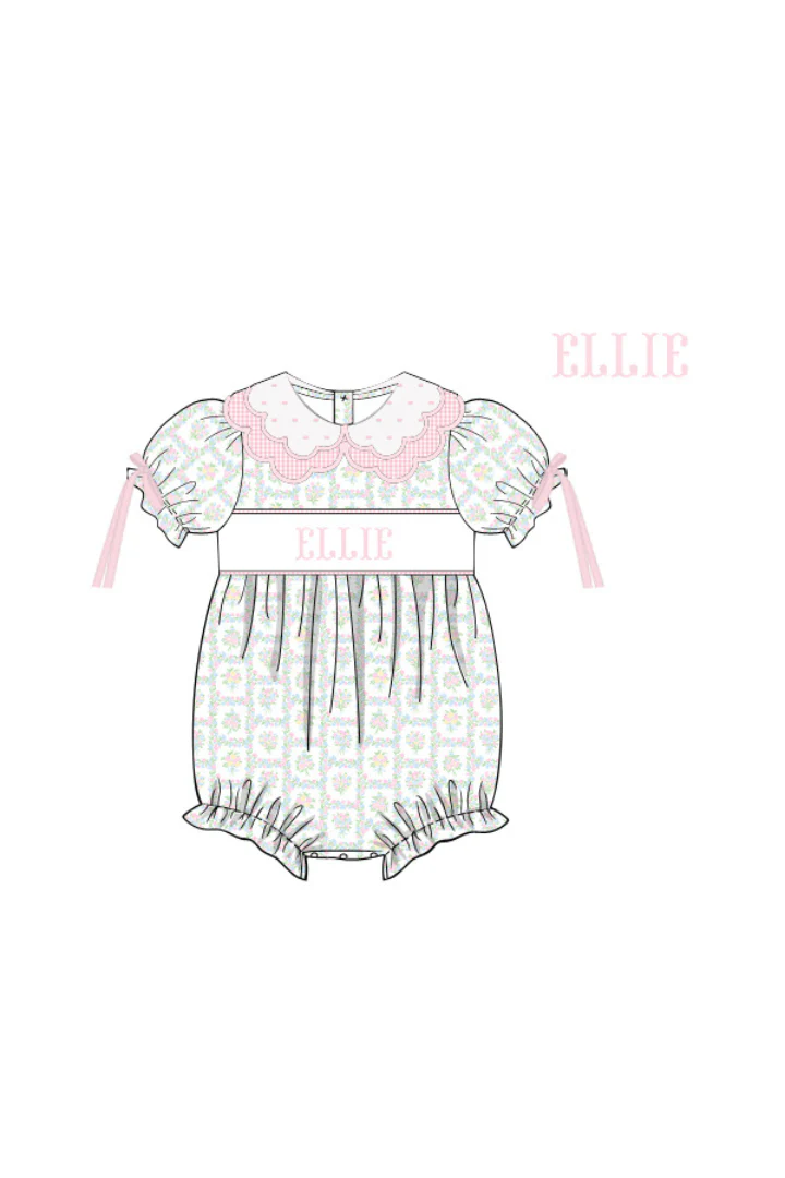 Pre-Order Hand Smocked Custom Name Pink Patchwork Floral Bubble