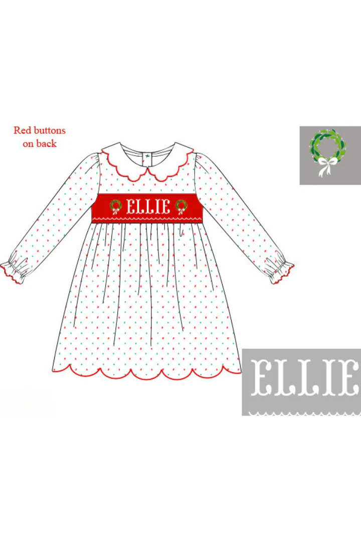 Pre-Order Hand Smocked Custom Name Swiss Dot Wreath Dress