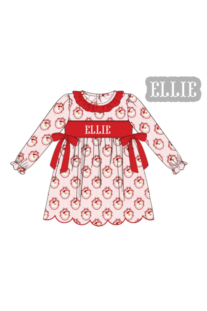 Pre-Order Hand Smocked Custom Name Vintage Santa Ruffle Dress