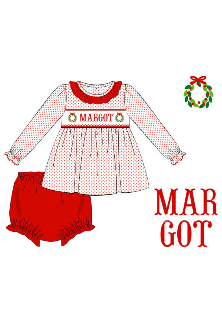 Pre-Order Hand Smocked Custom Name Wreath Knit Bloomer Set