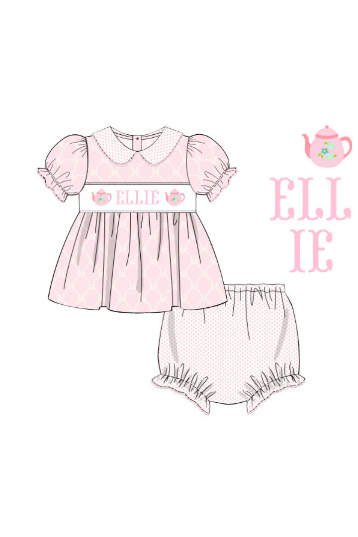 Pre-Order Hand Smocked Custom Name Tea Pot Pink Bloomer Set