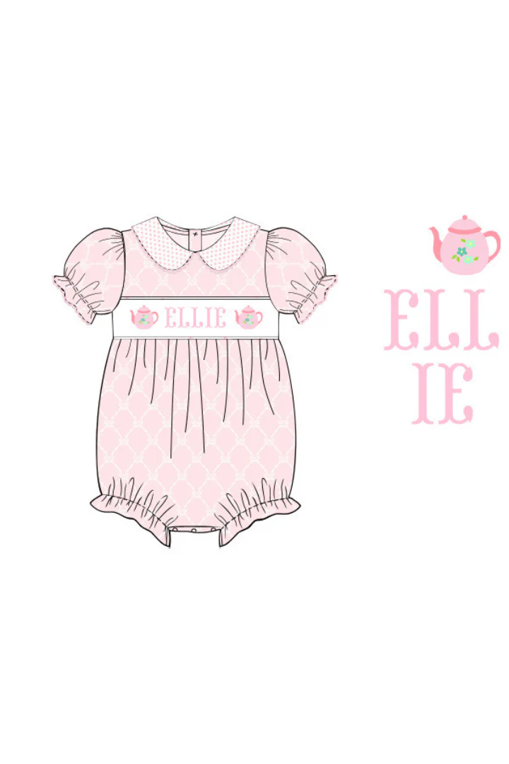 Pre-Order Hand Smocked Custom Name Tea Pot Pink Bubble