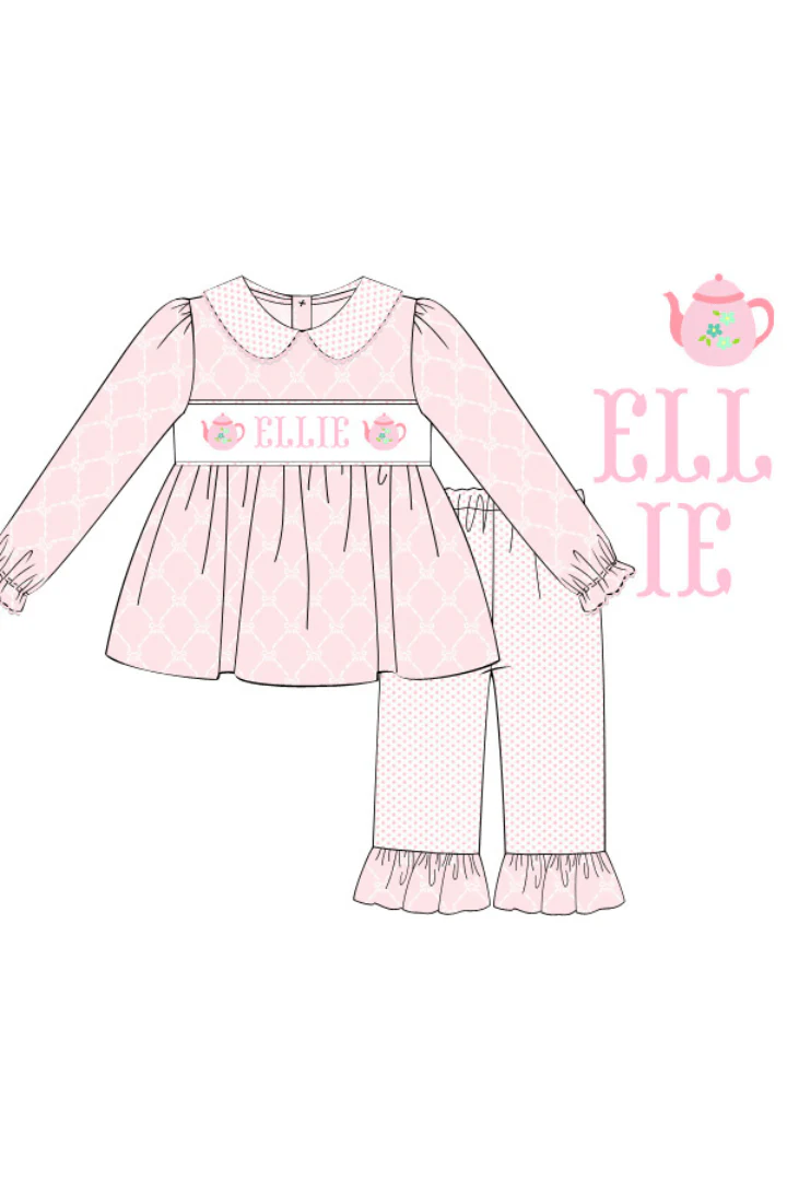 Pre-Order Custom Name Smocked Custom Tea Pot Pink Pant Set