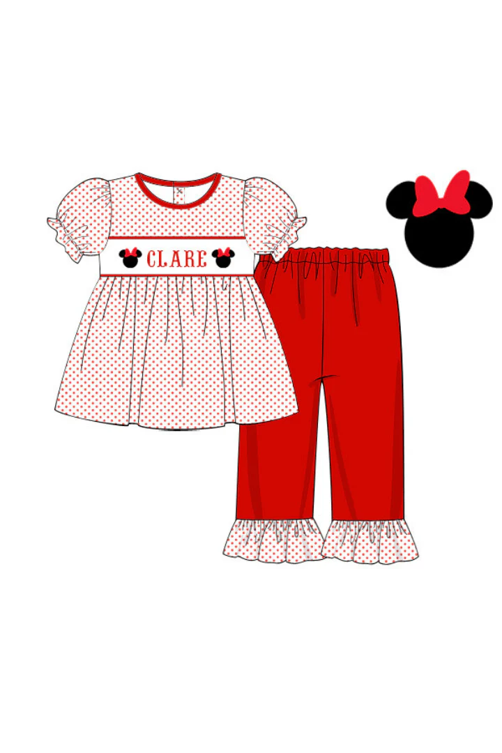 Pre-Order Hand Smocked Custom Name Mouse Red Bitty Dot Pants Set