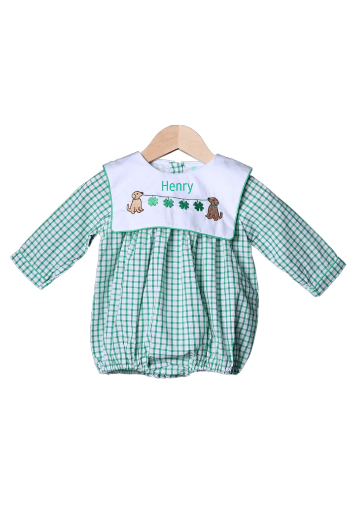 Lucky Pup Embroidered Green Windowpane Bib Bubble