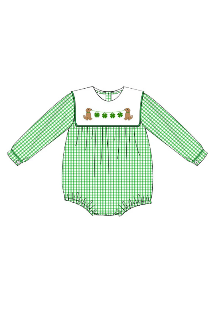 Lucky Pup Embroidered Green Windowpane Bib Bubble - Image 2